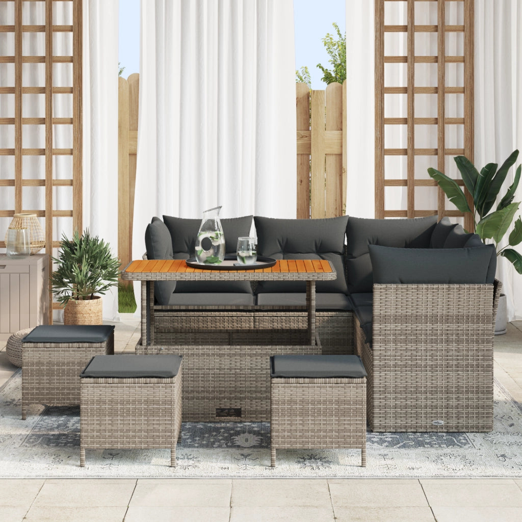 Set Divano da Giardino 9 Pezzi con Cuscini Grigio Polyrattan Acacia
