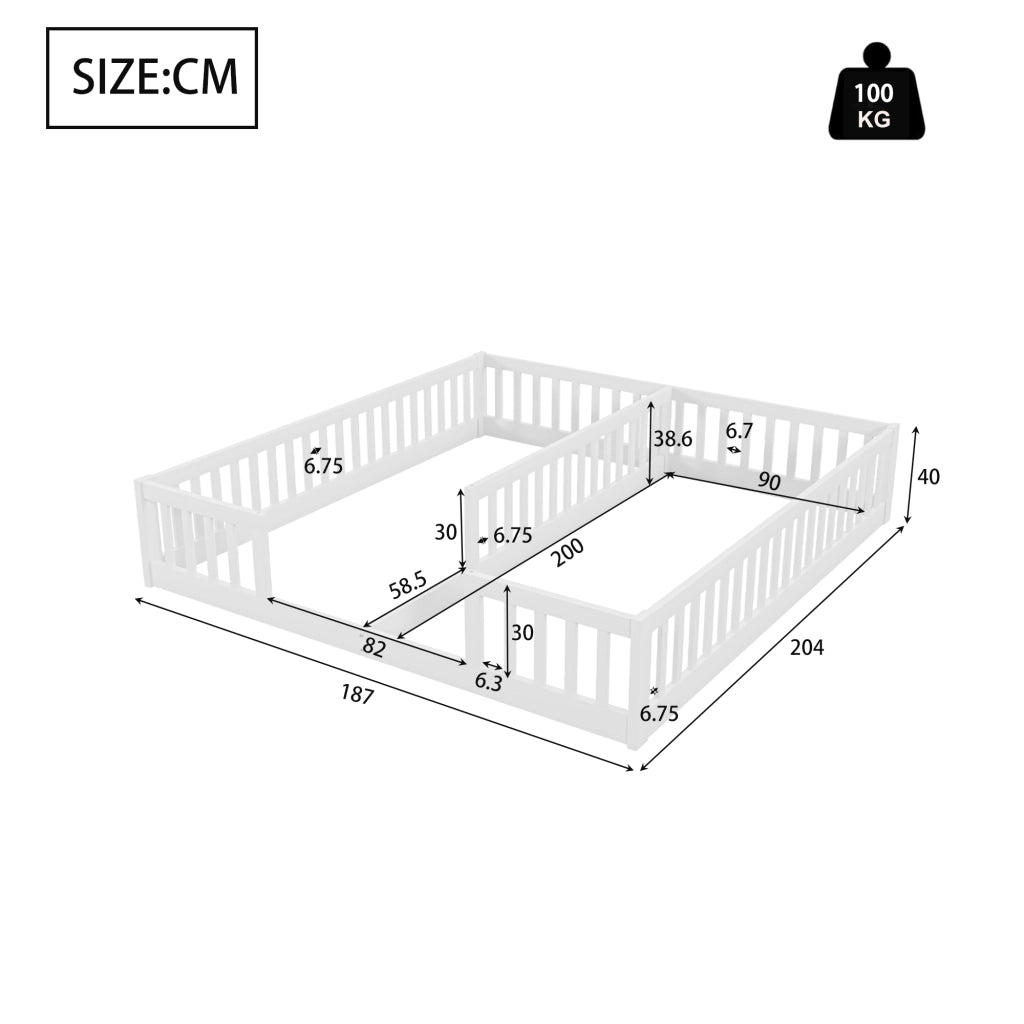 OKWISH Letto Bambini 90×200 cm, Letto Singolo con Spondine di Sicurezza, Struttura Doppia per 2 Bambini, senza Materasso, in Legno, Bianco