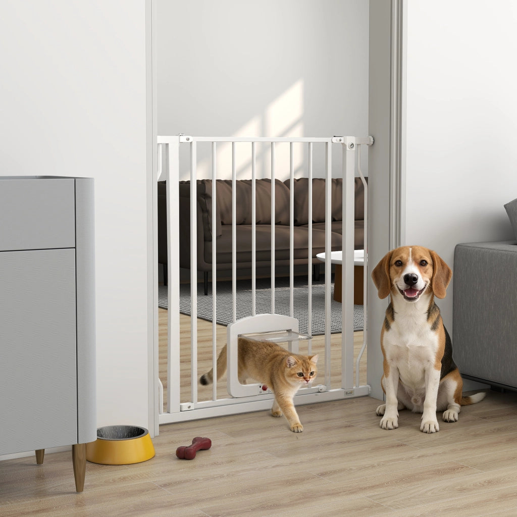 Cancello per Cani e Gatti Estensibile con Gattaiola Integrata, in Acciaio e ABS, 75-85x2x76 cm, Bianco