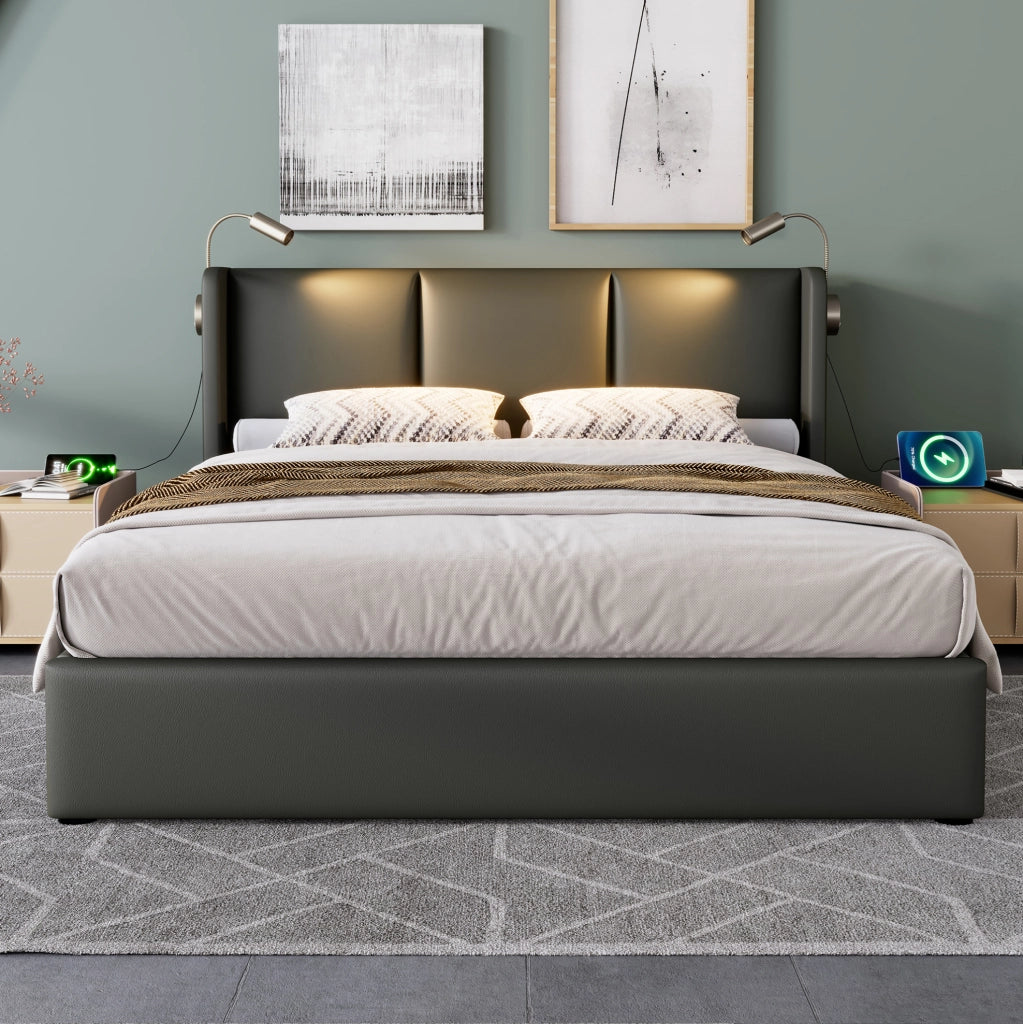 Letto matrimoniale 180x200 cm con contenitore; luce da lettura e 2 porte USB; grigio