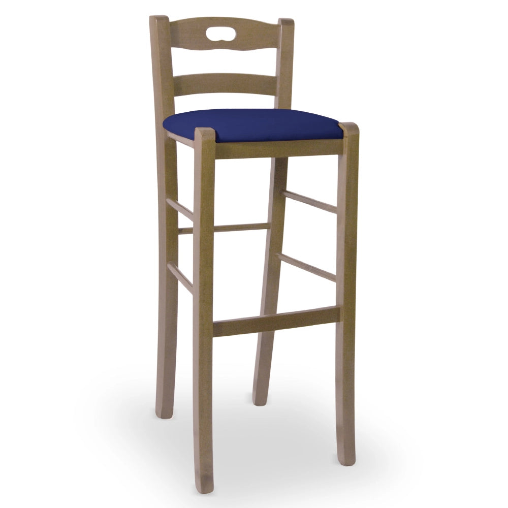 Sgabello h 80 in legno noce chiaro con manico e seduta imbottita similpelle blu