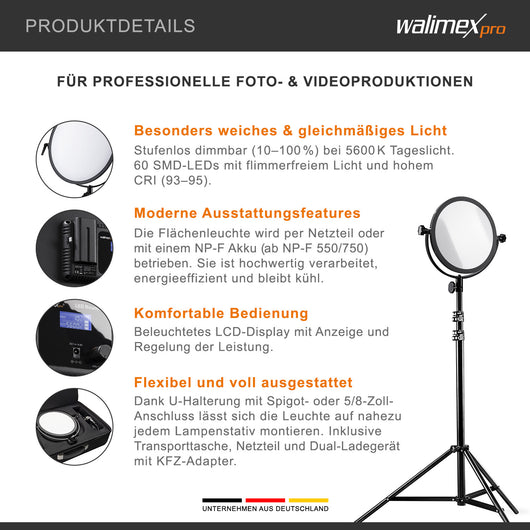 Soft LED 300 Lampada rotonda fotografica, Pannello LED piatto per fotografia 30 W, Luce per video e foto con staffa a U, temperatura colore 5600 K