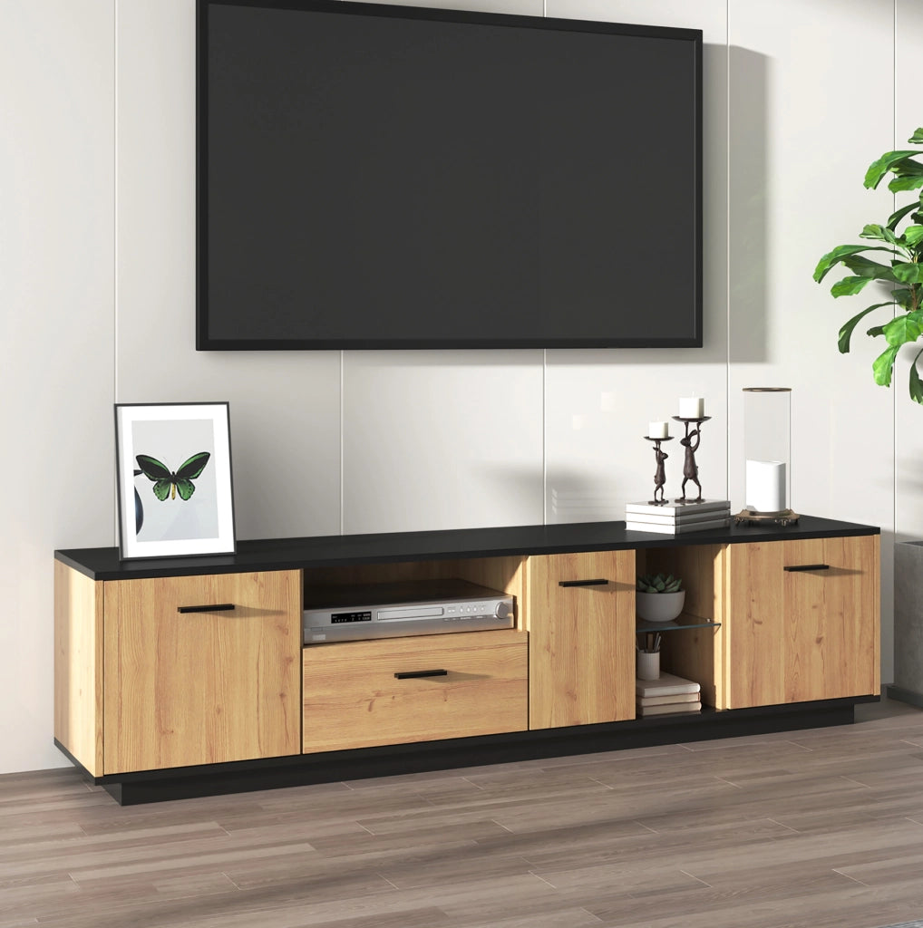 Mobile TV 180 cm nero e legno con LED, 3 ante e cassetto