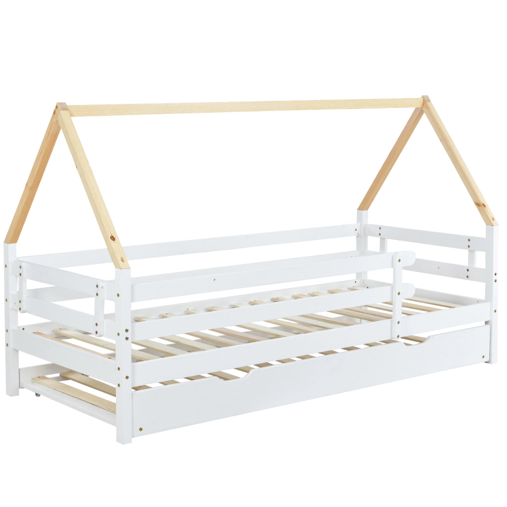 Letto Casetta 90 x 200 cm - Estraibile con Rotelle e Sponda - Legno - Bianco e Naturale