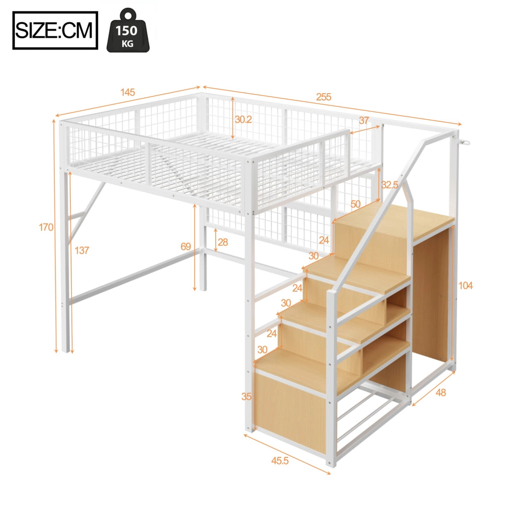 Letto a soppalco 140x200 cm con scala contenitore; armadio aperto e LED APP in metallo bianco