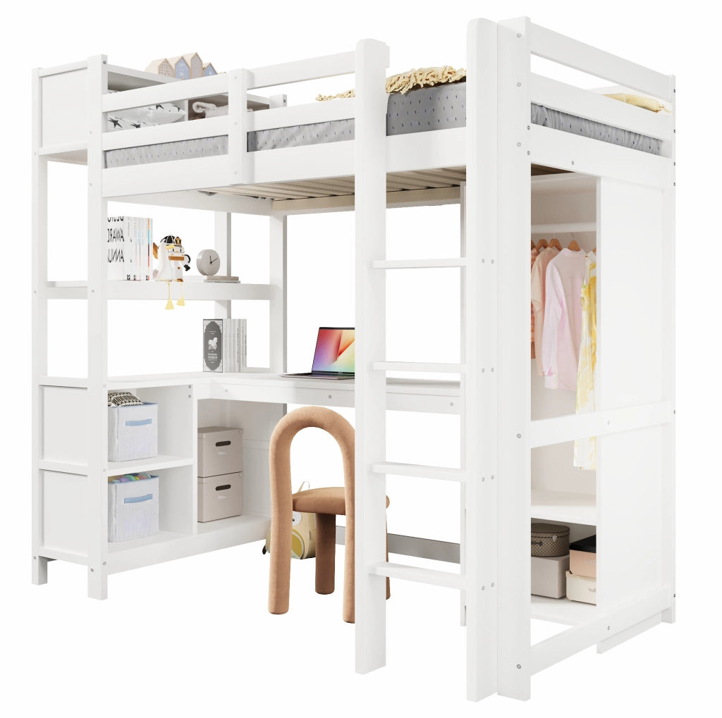 Letto a soppalco 90x200 cm con scrivania, armadio e ripiani