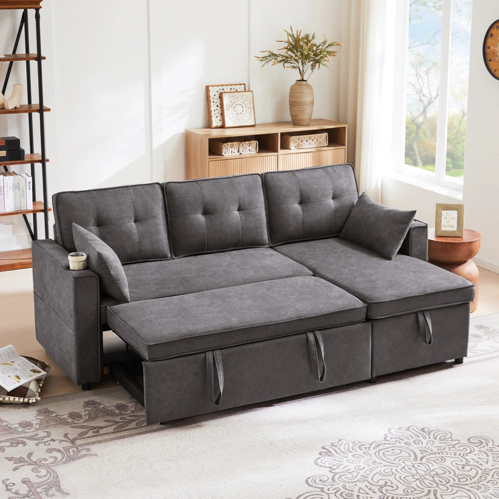 Divano letto angolare con chaise longue reversibile, contenitore e portabicchieri, stile moderno