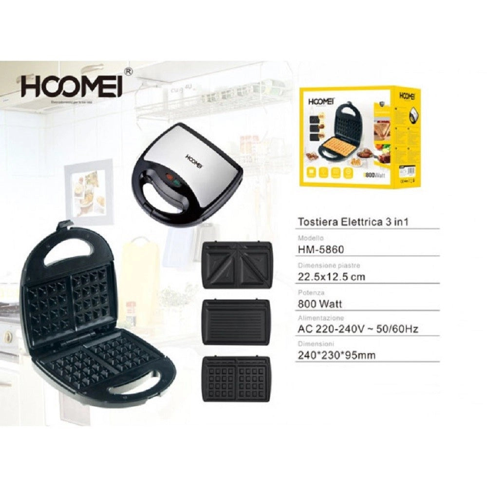Trade Shop - Tostiera Elettrica 3in1 800 Watt Piastre Removibili Grill Sandwich Waffle Toast -