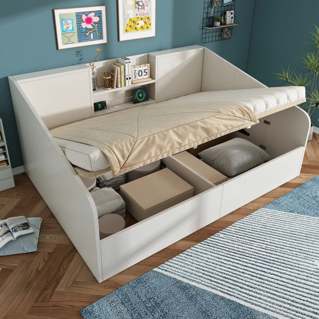 Daybed in legno bianco con 2 mensole, contenitore e USB-C, 140x190 cm