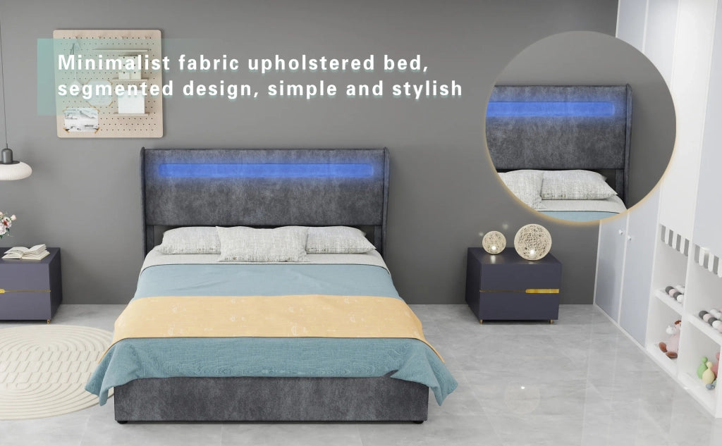 Letto imbottito moderno minimalista con testiera LED integrata, 140x200 cm, grigio, base rialzata multifunzione con sollevamento a gas. Materasso non incluso.