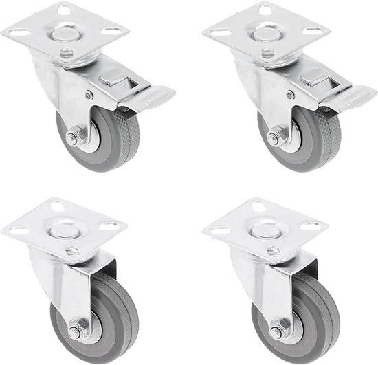 Set di 4 ruote per mobili, Ø75mm, ruote per mobili in grigio, 2 ruote con freno e 2 ruote senza freno. KM-75MM-SET
