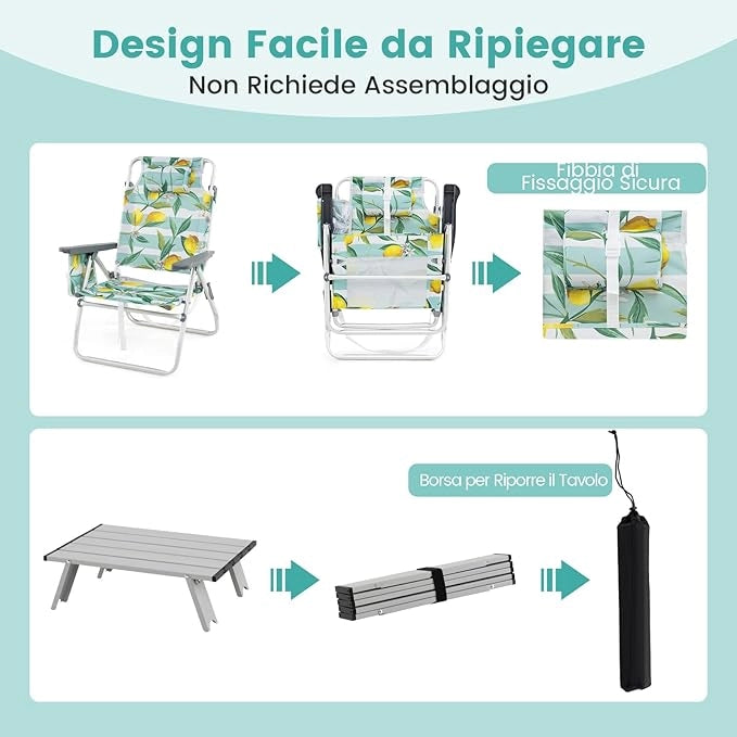 Set di Sedie e Tavolino da Giardino, Tavolo Laterale e Sedie Pieghevole con Schienale Regolabile a 5 Angolazioni, Struttura in Alluminio e Portabicchieri,Set di Mobili per Picnic (Verde)