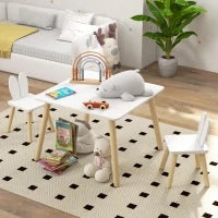 Set Tavolo e 2 Sedie per Bambini con Schienale a Orecchie di Coniglio, Età 3-6 Anni, Bianco