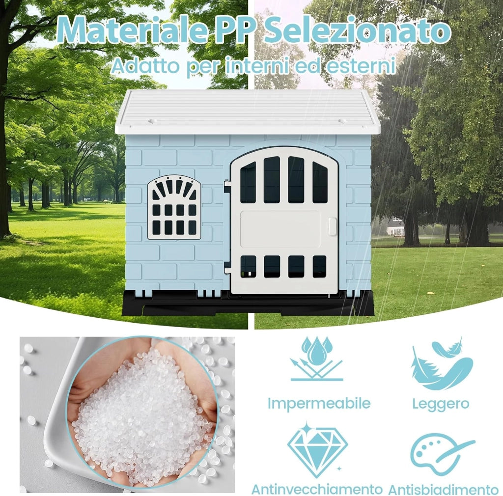 Cuccia per Cani da Esterno ed Interno, Casetta Impermeabile e Ventilata con Vassoio Toilette Rimovibile, Porta Bloccabile, 3 Finestre e Tetto a Pendenza, per Cani di Piccoli e Gatti (Blu)