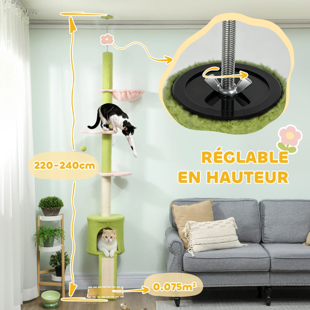 Albero tiragraffi per gatti 5 livelli altezza regolabile 220-240 cm ¨C zephmum ¨C verde
