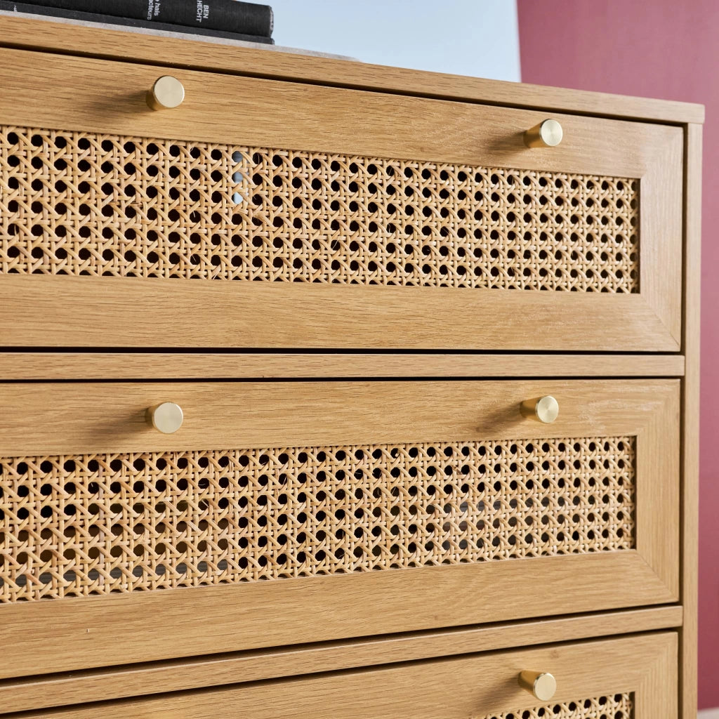 Cassettiera decorativa legno e rattan 6 cassetti, marrone naturale