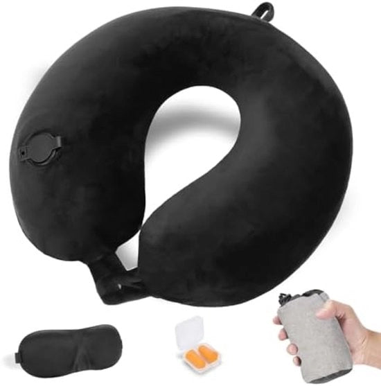 Cuscino per viaggiatore espandibile, cuscino di supporto per il collo per viaggi, cuscino per volo regolabile e compatto, supporto ergonomico per il collo, con auricolari, maschera occhi, borsa portacuscino - Nero