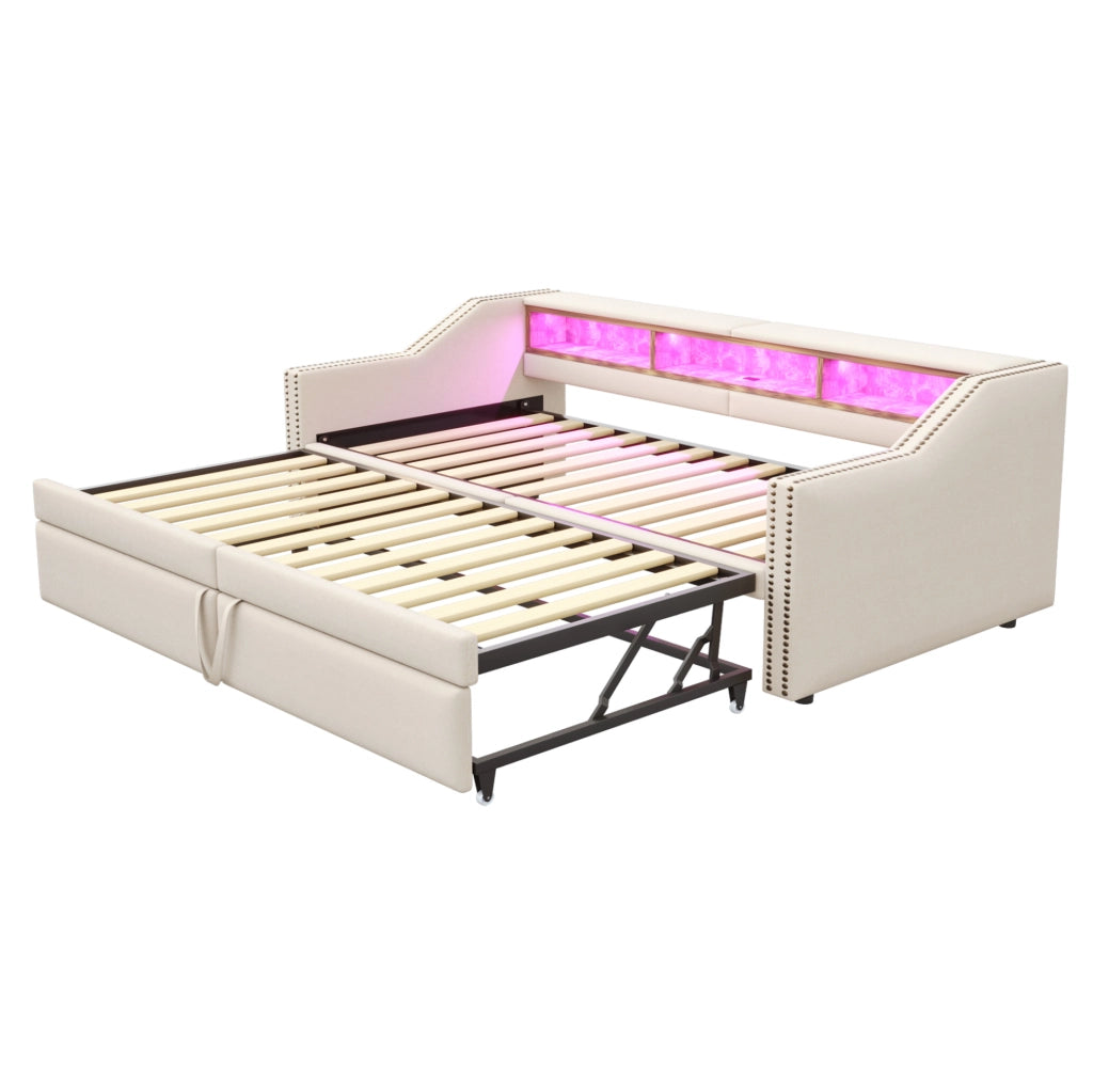 Divano letto imbottito estraibile 90/180 x 200 cm in tessuto beige con USB; LED e rete a doghe