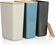 3 contenitori di riserva con coperchi in bambù - scatola di conservazione in plastica per alimenti e piccoli accessori da cucina - per pasta, caffè, zucchero o farina (3 pezzi - blu, grigio, beige)