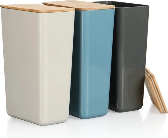 3 contenitori di riserva con coperchi in bambù - scatola di conservazione in plastica per alimenti e piccoli accessori da cucina - per pasta, caffè, zucchero o farina (3 pezzi - blu, grigio, beige)