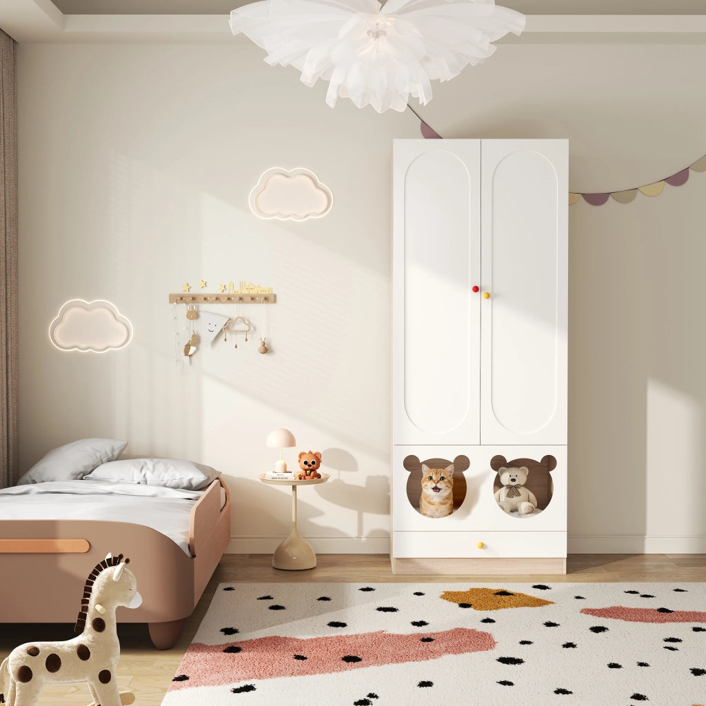 Armadio con 2 ante asta appendiabiti ripiani e cassetti per cameretta in MDF bianco e legno 80×50×200 cm