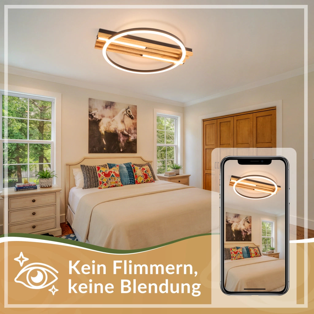 ZMH Lampada da Soffitto LED Legno 24W 38cm Luce Calda Nero Anello Moderna per Camera da Letto Soggiorno