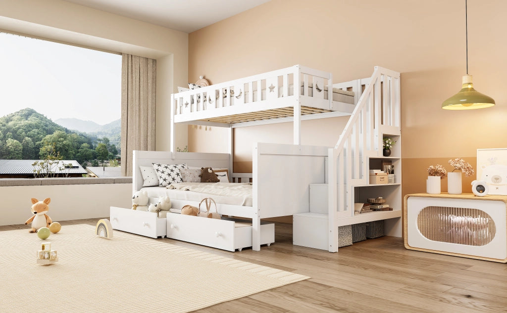 DESMIU Letto a castello 2 posti con scala contenitore e 2 cassetti, 90 × 200 e 140 × 200 cm, senza materasso