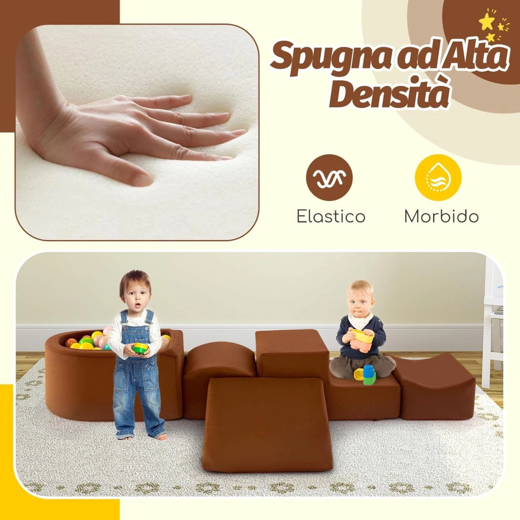 Set di 5 Pezzi Gioco in Schiuma, Blocchi con Piscina di Palline per Bambini, Coperture Lavabili con Cerniere, Blocchi Creativi per Stanza di Giocattoli, Camera da Letto (Marrone)