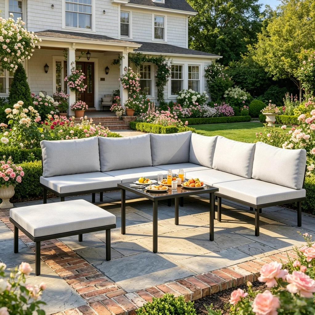 Set Divano Modulare da Esterno 6 Pezzi con Telaio in Metallo e Vetro Temperato, Grigio Chiaro e Nero