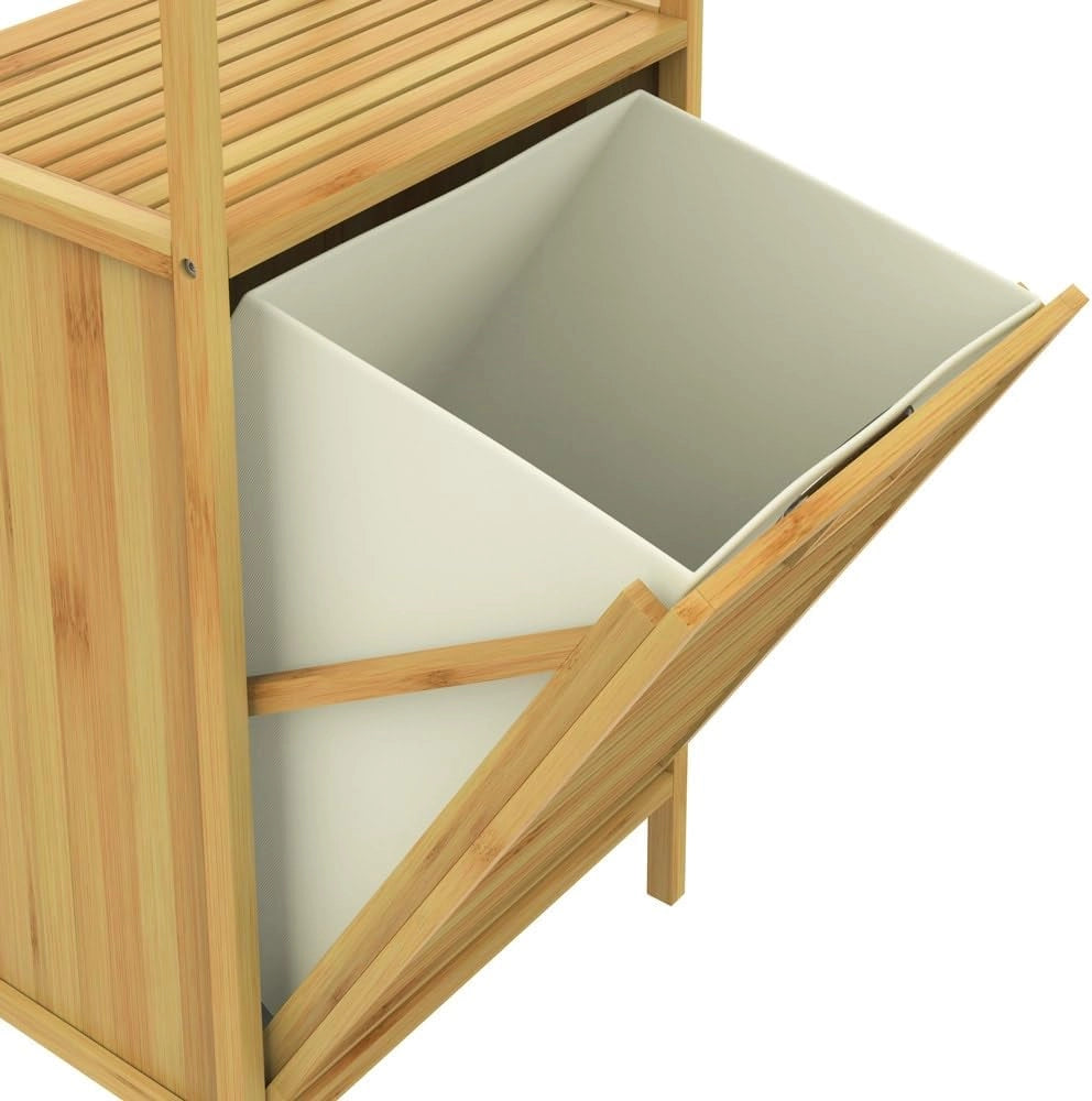 Mobile da Bagno con Cesta per Biancheria 36l Armadietto in Bambù 2 Ripiani con Cesto Panni Mobiletto Portabiancheria 95x40x30cm