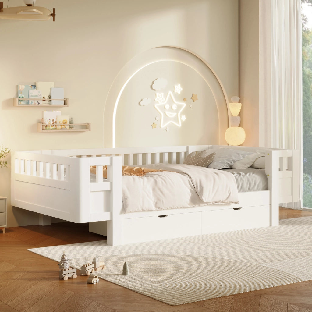 Letto a piattaforma 90 x 200 cm con sponda protettiva e due cassetti, in legno massiccio e MDF bianco per bambini