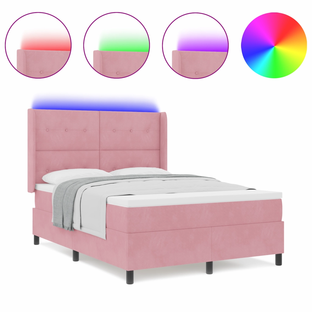 Letto a molle con materasso e LED Rosa 140x200 cm Velluto