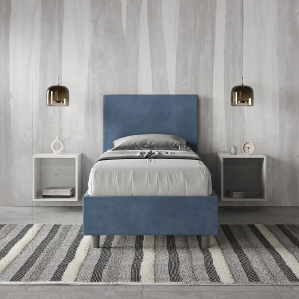 Letto singolo senza rete imbottito 80x190 microfibra blu Adele