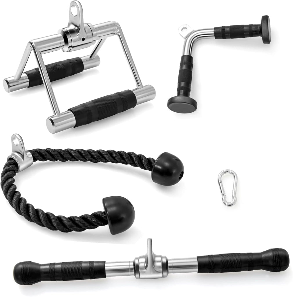 KOMFOTTEU 4 Accessori per Macchina a Cavi, Impugnature Palestra Set Multifunzione con Corda per Tricipiti, Triangolo Pulley per Palestra, Maniglia a V, Barra Tricipiti Dritta, Allenamento in Gym