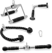 KOMFOTTEU 4 Accessori per Macchina a Cavi, Impugnature Palestra Set Multifunzione con Corda per Tricipiti, Triangolo Pulley per Palestra, Maniglia a V, Barra Tricipiti Dritta, Allenamento in Gym
