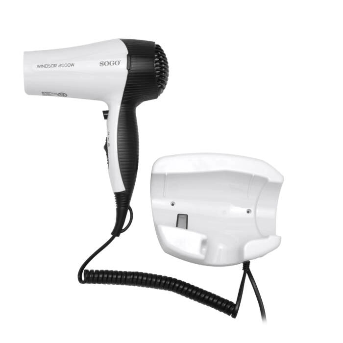Asciugacapelli da parete 2000W con aria fredda, 2 velocità e supporto muro con cavo spiralato per bagno hotel - Sogo