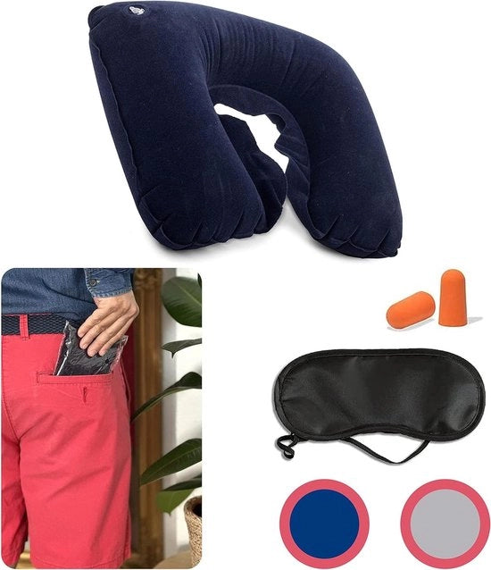 Cuscino gonfiabile e ripiegabile per viaggi - Blu marino - Incl. auricolari e occhiali da bagno