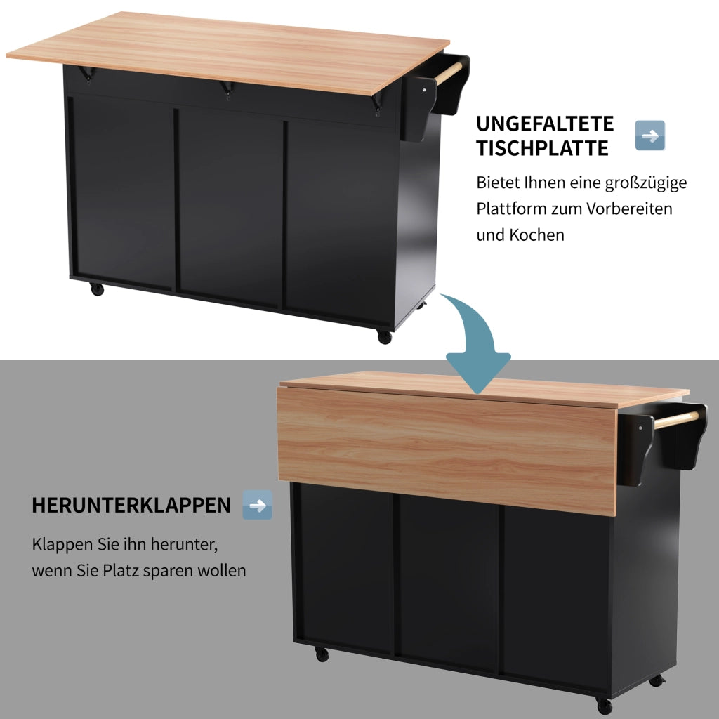 CARRELLO CUCINA Con piano pieghevole 129x71x91,5 cm MDF Nero/Naturale