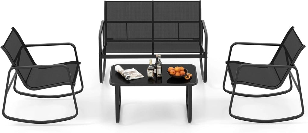 Set da Giardino 4 Pezzi in Tessuto Textilene, Set da Bistrò da Patio, Tavolo e Sedie con Tavolino in Vetro, 2 Sedie e Divanetto a Dondolo, per Giardino Coltile Terrazza (Blu)