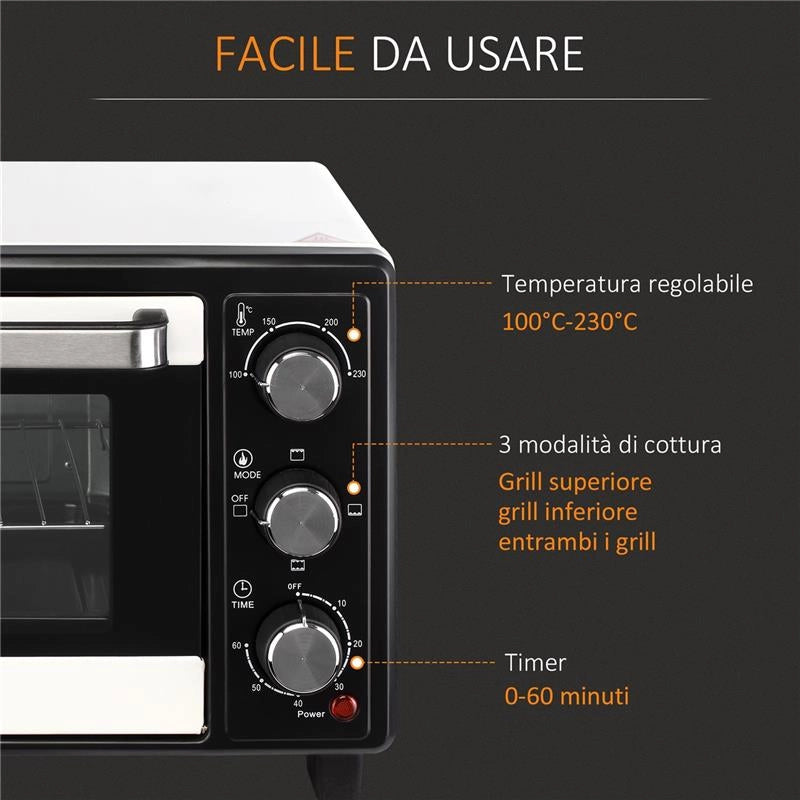 FORNETTO ELETTRICO 16L TEMPERATURA REGOLABILE E TIMER 3 METODI DI COTTURA E ACCESSORI 1400W 44X32X28 CM BIANCO