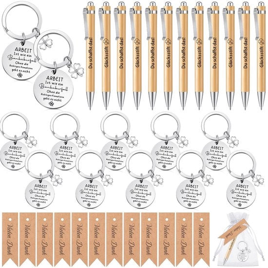 Regali di addio 12 pezzi - Set per colleghi - Chiave da parete - Stilo/bastoncino di fortuna - Etichette di regalo - Sacchetto di organza