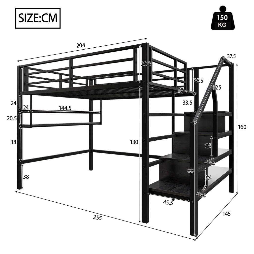 OKWISH Letto a Soppalco 140×200 cm, Letto Matrimoniale con Mensole, Scala con Contenitori e Sponda, senza Materasso, Metallo, Nero