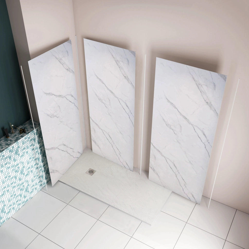 H.210 cm Pannello Doccia ad Angolo 40x80x80 cm Realizzato in Alluminio da 3 mm con Profili Finitura Bianco Alba per Rivestimento Parete Bagno