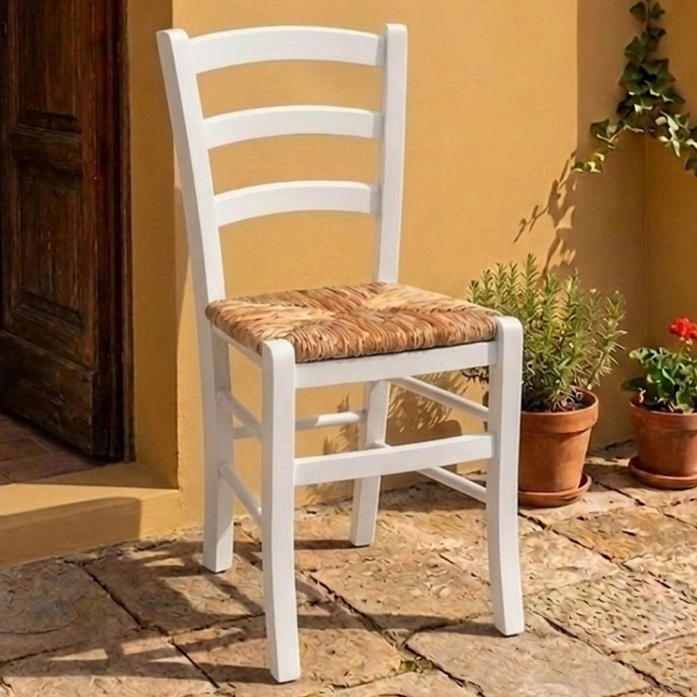 Sedie da sala da pranzo in legno Venezia bianche con seduta in paglia di riso