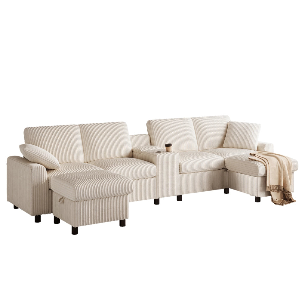 Divano U in tessuto boucl¨¦ beige con 2 pouf contenitore, tavolino laterale, porte USB e prese di corrente, 315¡Á135¡Á81 cm