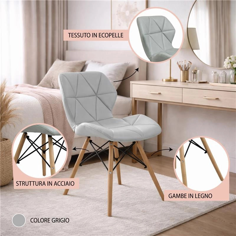 SET 6 SEDIE ANNAPOLIS MODERNA IN ECOPELLE GRIGIA E LEGNO 41 X 49 X H71 CM