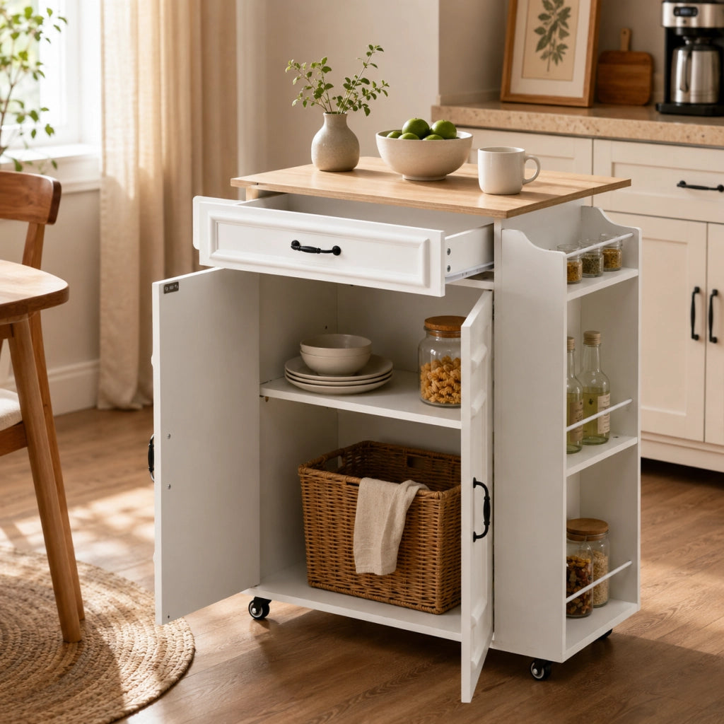 Carrello cucina 66x40(60)x90 cm con piano pieghevole; cassetto e ruote in MDF bianco