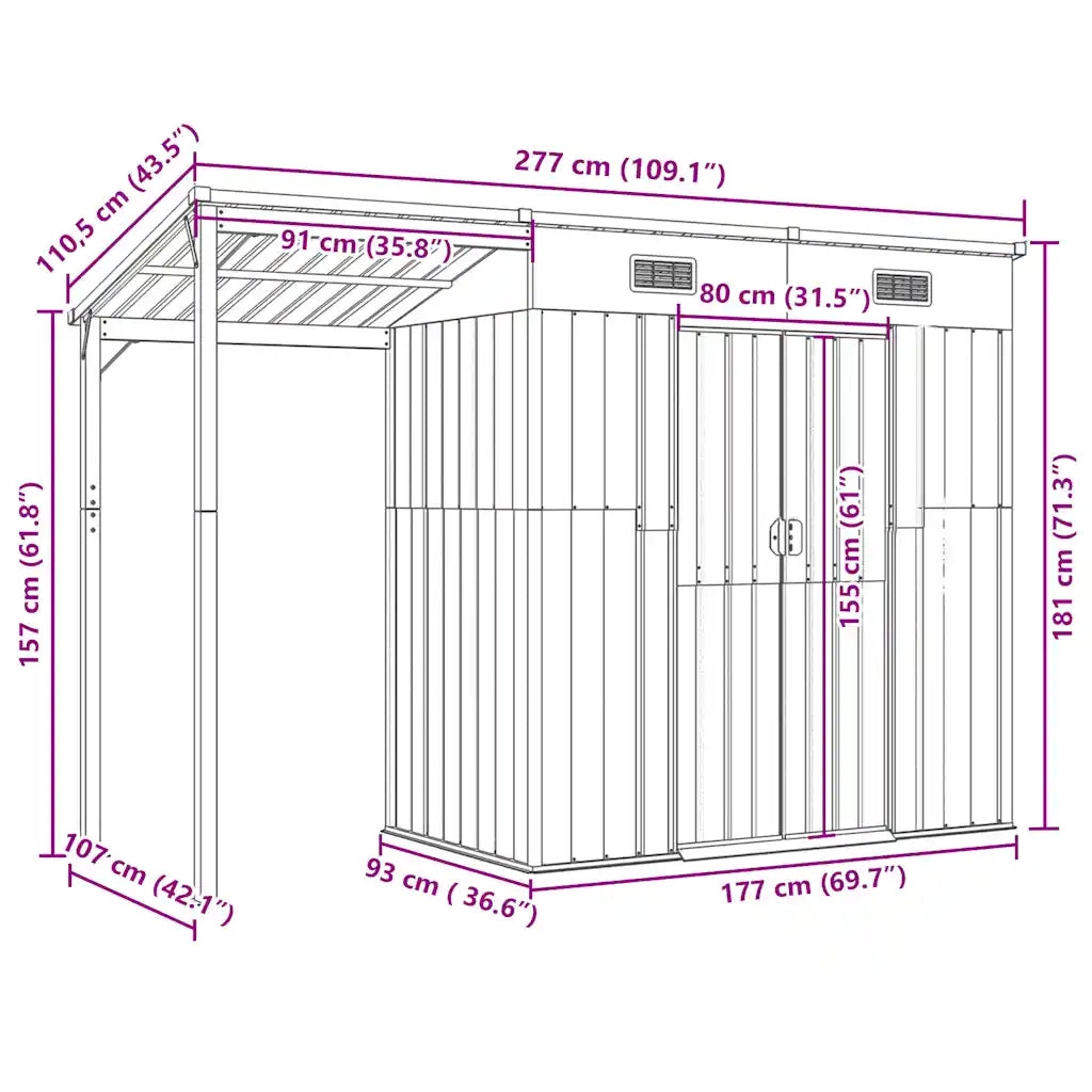 Casetta da giardino con tetto allungato grigio chiaro 277x107x181 cm in acciaio 364525