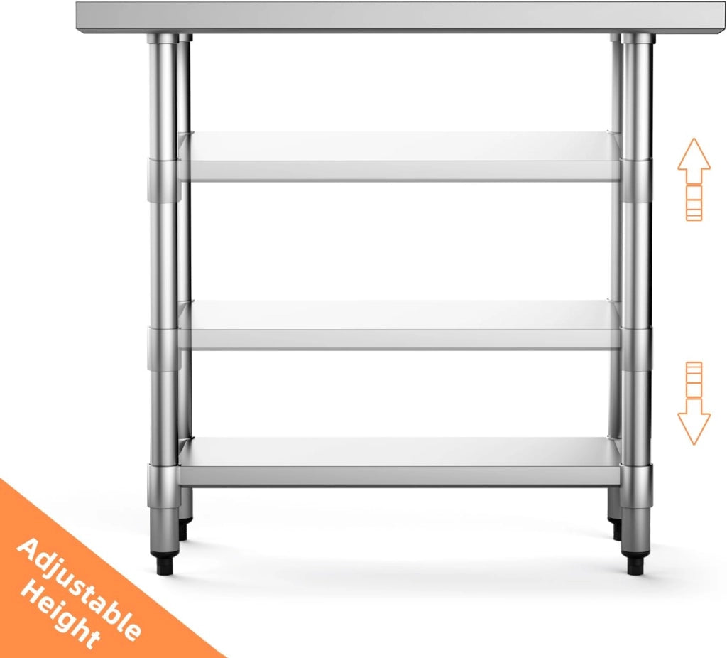 Tavolo da Lavoro per Cucina in Acciaio Inox, Piattaforma con Ripiano Regolabile in Altezza, Piedini Antiscivolo e Regolabili, Piano Cucina Ristorante e Magazzino (92x61x90cm)