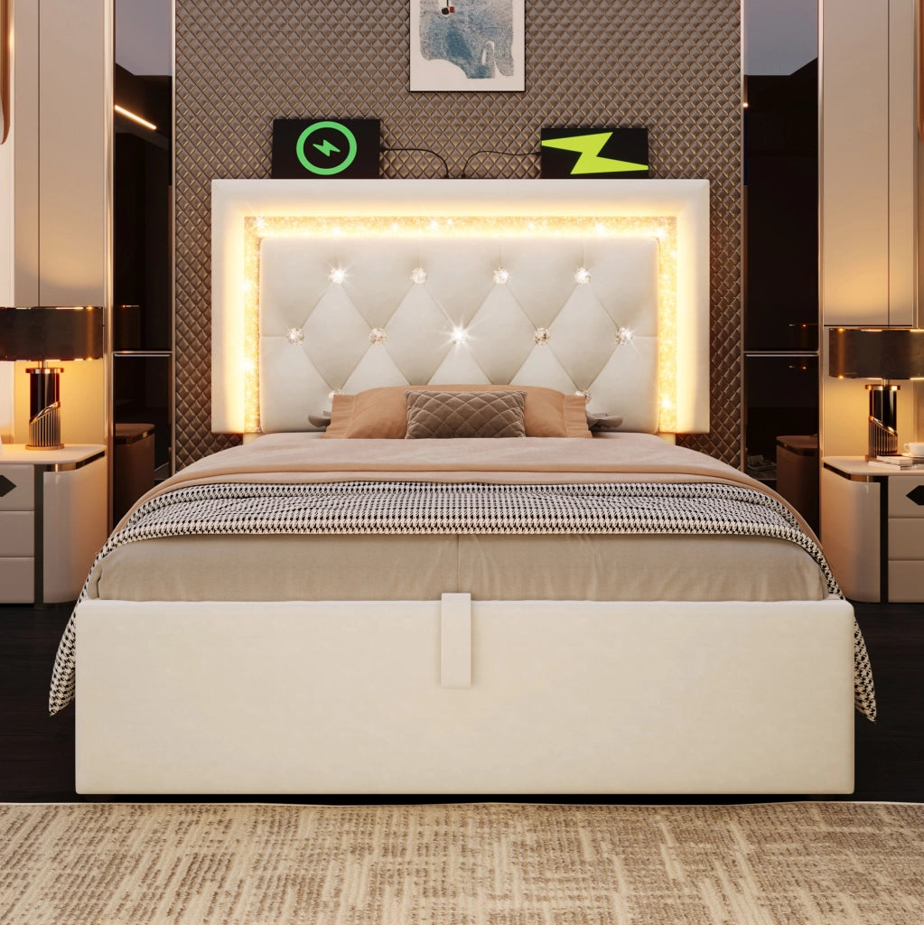 Letto imbottito 90x200 cm beige con LED, USB-C e contenitore